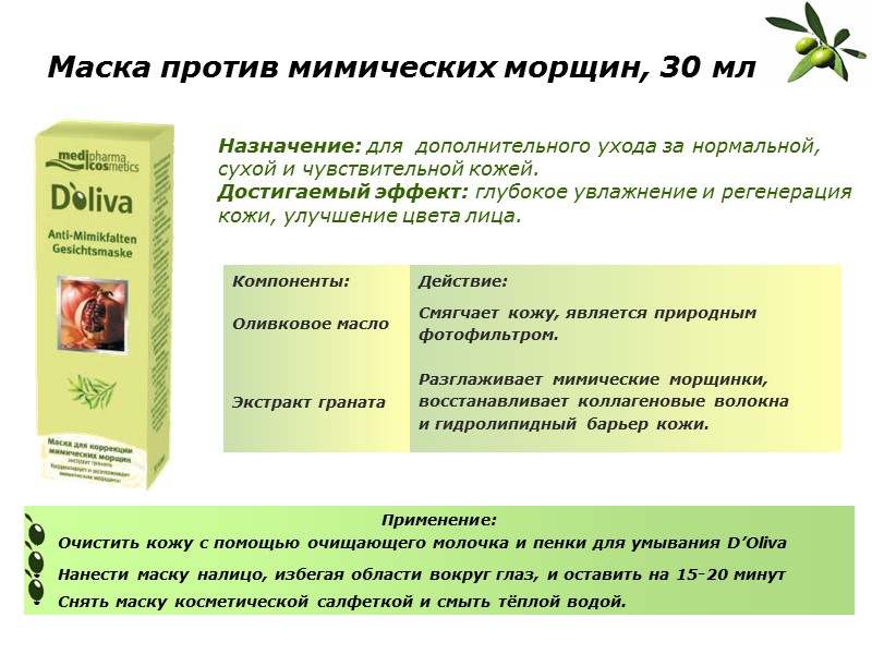 Маска против мимических морщин, 30 мл Назначение: для  дополнительного ухода за нормальной, сухой